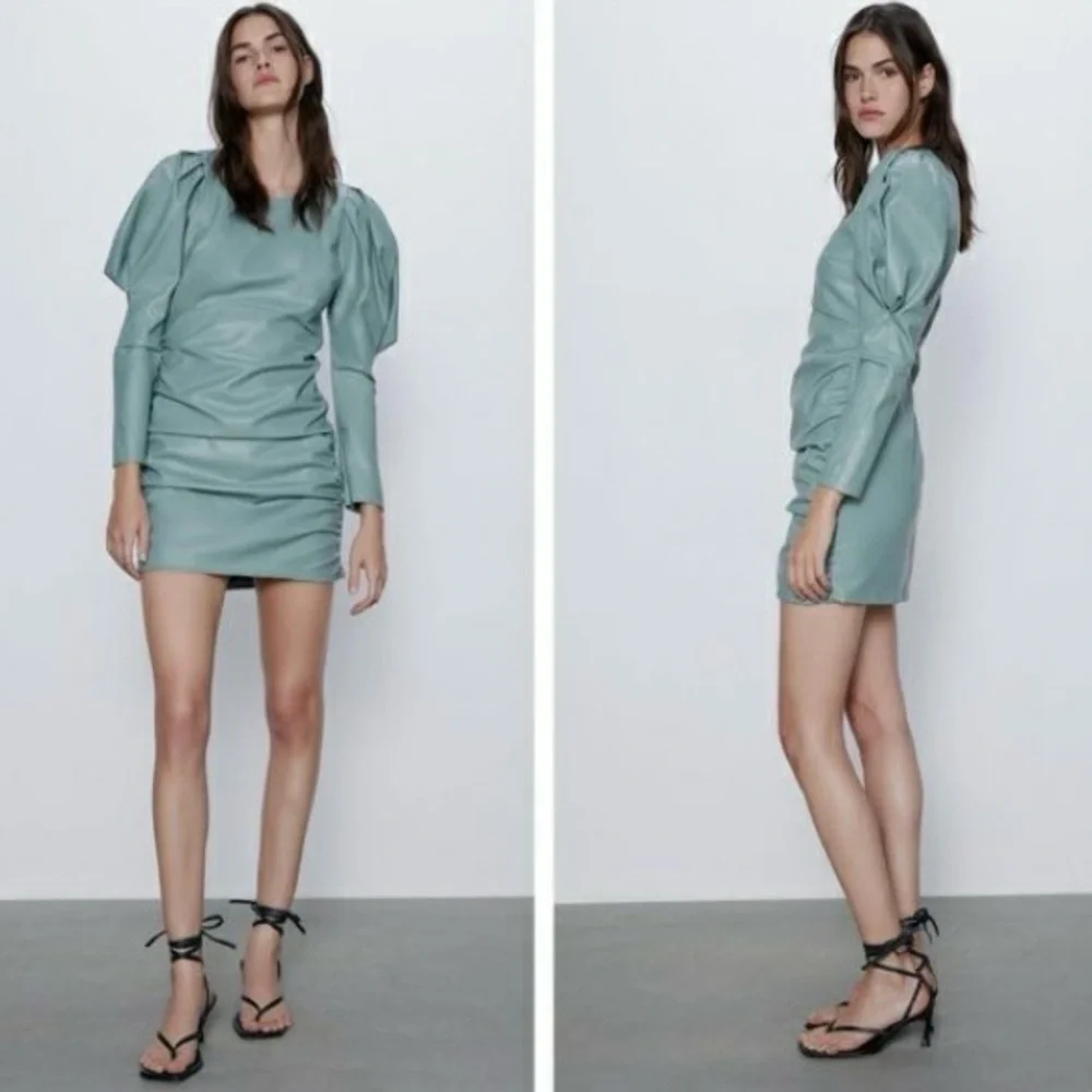 NWT ZARA Faux Leather Mini Dress Puff Sleeve Zip Wrist Green Blogger Fave - Picture 1 of 13